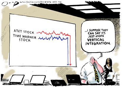 Editorial cartoon U.S. Time Warner AT&amp;T stocks fall
