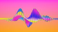 An illustration of a rainbow-colored sine wave with multiple peaks and troughs in front of a pink and orange background