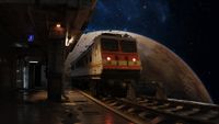 A rendered image of a train stopping at a railway station, with stars and a large planet in the night sky