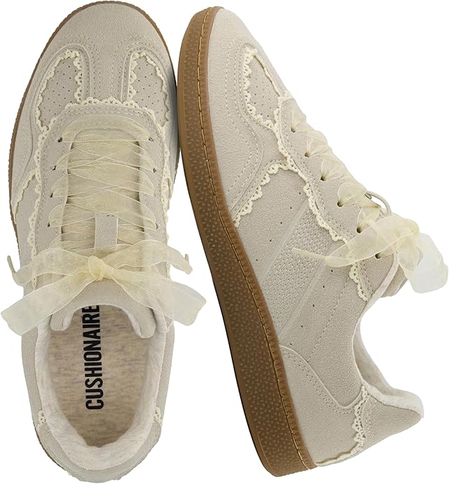 CUSHIONAIRE, Cushionaire Belinda Women&amp;rsquo;s Lace Detail Casual Sneakers &amp;ndash; Elegant Ribbon Lace-Up Summer Shoes for Women With Memory Foam, Ivory 10