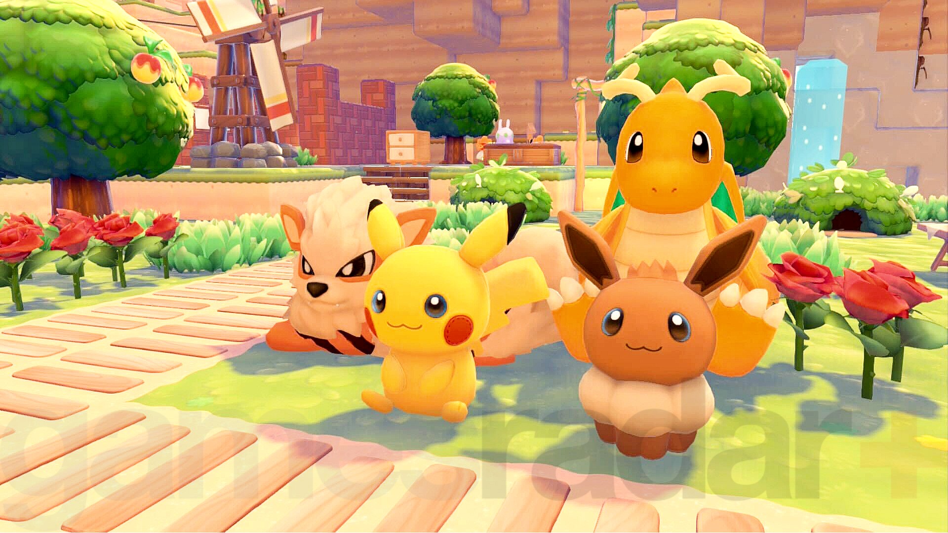 Four Pokopia Dream Island Dolls arranged in a Plush Central habitat.