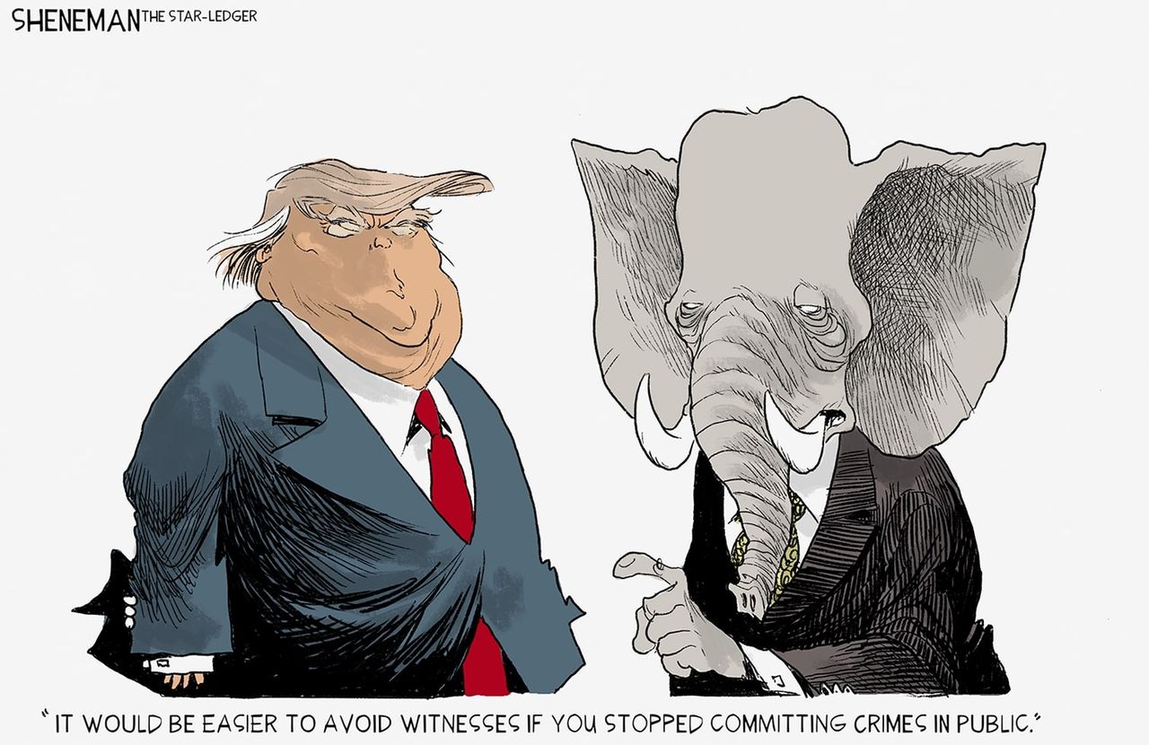 Political Cartoon U.S. Trump Republicans Senate impeachment trial crimes witnesses public knowledge