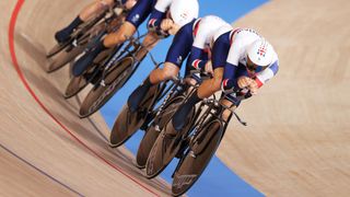 IZU, JAPAN - AUGUST 03: Ethan Vernon of Team Great Britain and teammates sprint during the Men´s team pursuit first round, heat 4 of the Track Cycling on day eleven of the Tokyo 2020 Olympic Games at Izu Velodrome on August 03, 2021 in Izu, Japan. 