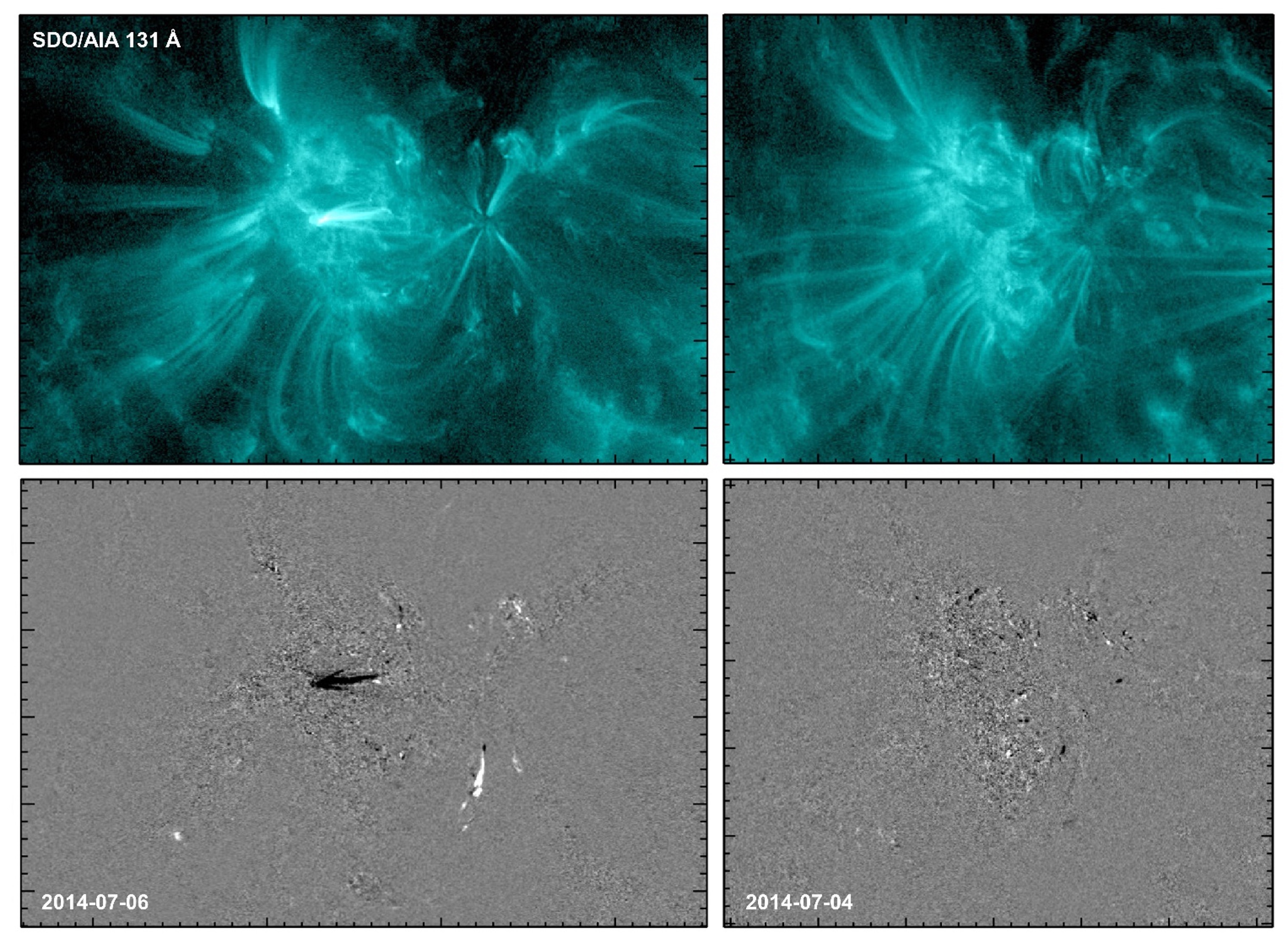 Two images of a solar active region (NOAA AR 2109) taken by SDO/AIA show extreme-ultraviolet light produced by million-degree-hot coronal gas (top images) on the day before the region flared (left) and the day before it stayed quiet and did not flare (right). The changes in brightness (bottom images) at these two times show different patterns, with patches of intense variation (black & white areas) before the flare (bottom left) and mostly gray (indicating low variability) before the quiet period (bottom right).