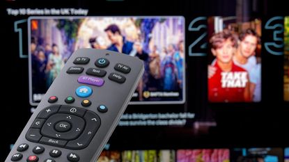 BT TV remote pointing at Netflix on a TV