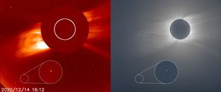 (Left) The SOHO observatory spotted comet C/2020 X3, seen in the bottom left-hand corner. (Right) A composite image shows the sun's corona as seen during the total solar eclipse on Dec. 14, 2020.