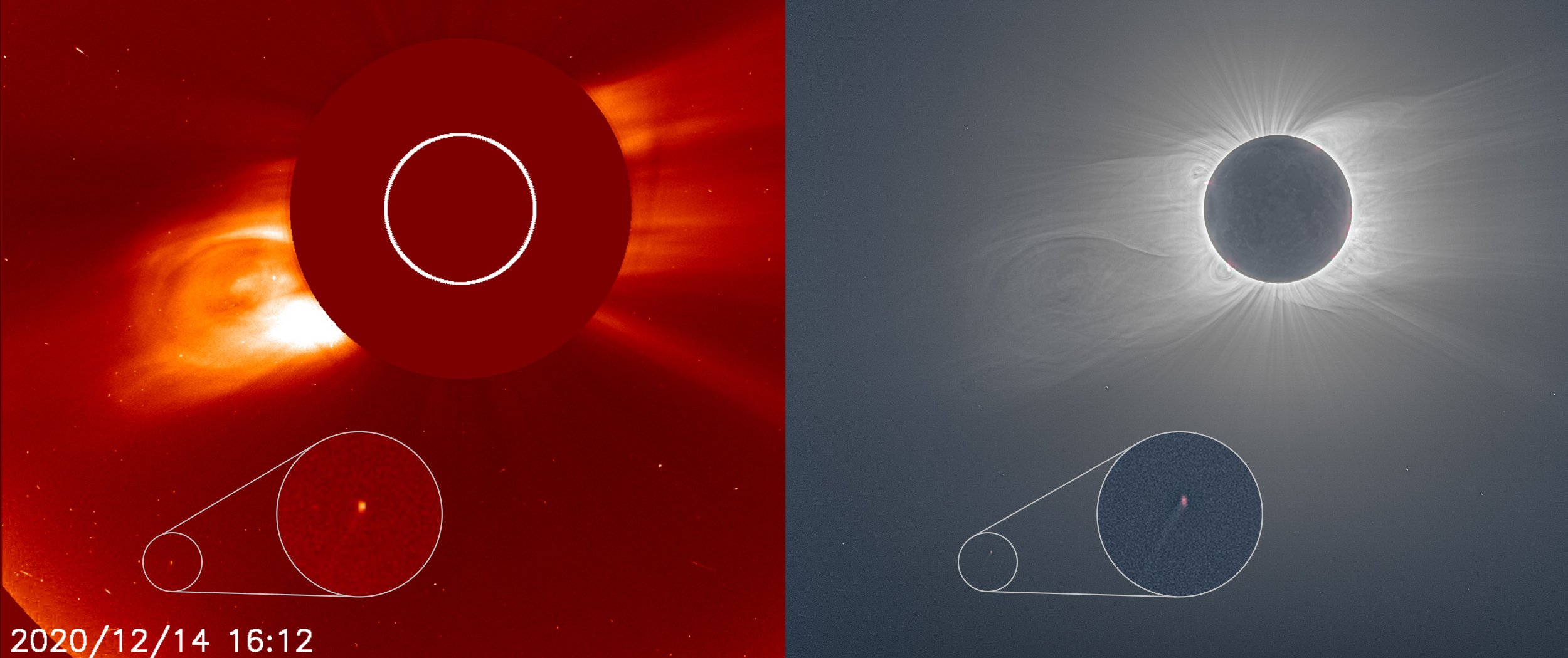 Dwa zdjęcia obok siebie przedstawiają kometę blisko Słońca. Zdjęcie po prawej stronie przedstawia koronę słoneczną świecącą jasno podczas całkowitego zaćmienia Słońca.
