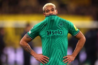 Joelinton of Newcastle United looks dejected following the team's defeat during the UEFA Champions League match between Borussia Dortmund and Newcastle United at Signal Iduna Park on November 07, 2023 in Dortmund, Germany.