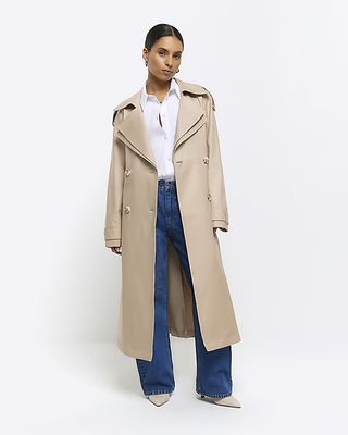 Beige Double Collar Belted Trench Coat