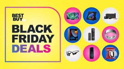 Collage of tech products from the Best Buy Black Friday sale including Samsung TV, Surface laptop, GoPro, iPad, Fire TV Stick, KitchenAid Mixer and Blink Doorbell