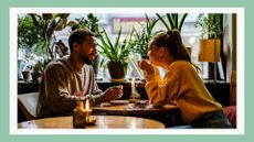 One thing to avoid on a first date, according to dating experts. Pictured: couple on a coffee date at a cafe