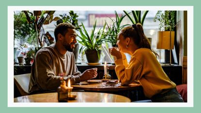 One thing to avoid on a first date, according to dating experts. Pictured: couple on a coffee date at a cafe