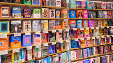 Floor-to-ceiling wooden bookshelves full of brightly coloured fiction books with small handwritten descriptions underneath