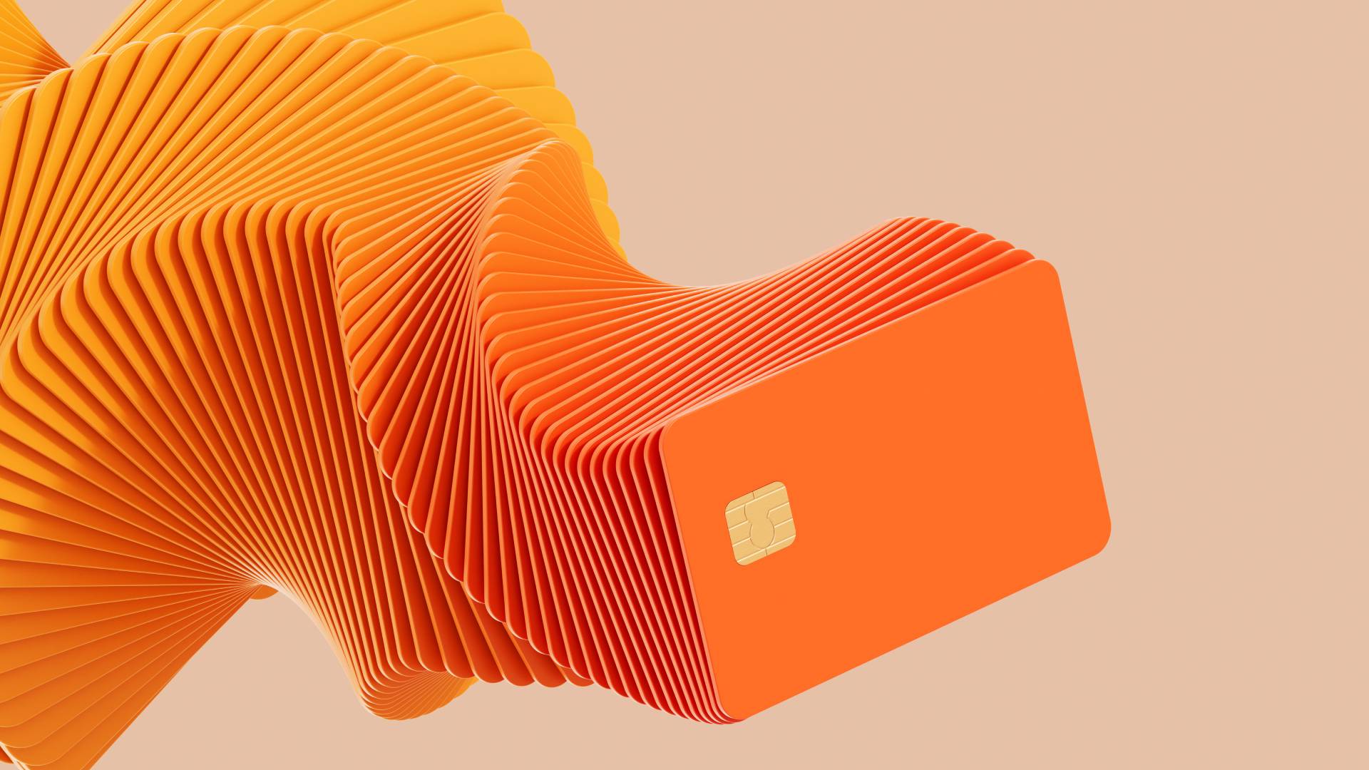Digitally generated image of orange credit cards. Concept of fintech technology, new banking and cloud technology. Clean design.