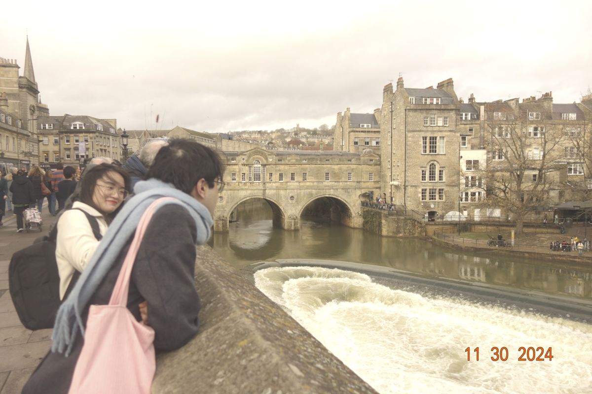 Famous river landmark in the city of Bath, UK, with retro photo picture effect