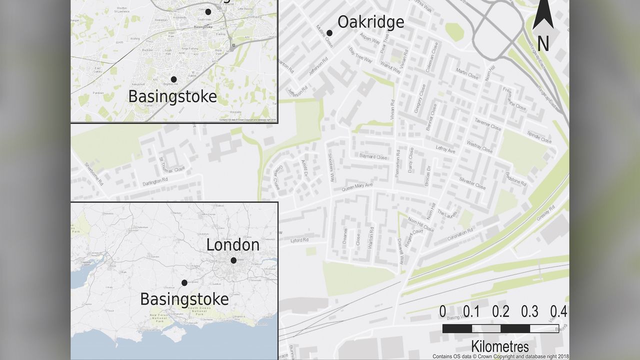 The location of the village of Oakridge, in the town of Basingstoke and the county of Hampshire, England.