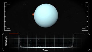 Artist's illustration showing a distant star going out of sight as it is eclipsed by Uranus – an event known as a planetary stellar occultation.