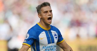 Chelsea target Leandro Trossard of Brighton & Hove Albion celebrates scoring their side's second goal during the Premier League match between West Ham United and Brighton & Hove Albion at London Stadium on August 21, 2022 in London, England.