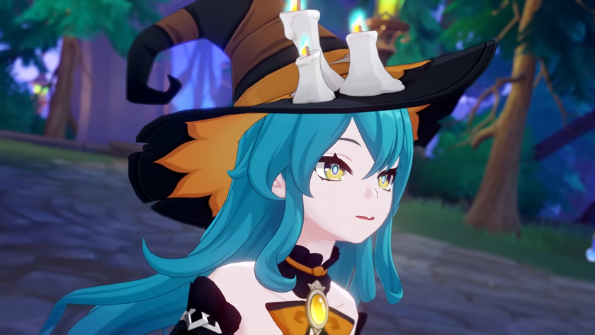 A blue-haired character from Genshin Impact&#039;s Miliastra Wonderland mode wearing a Halloween-themed orange and black witch hat.