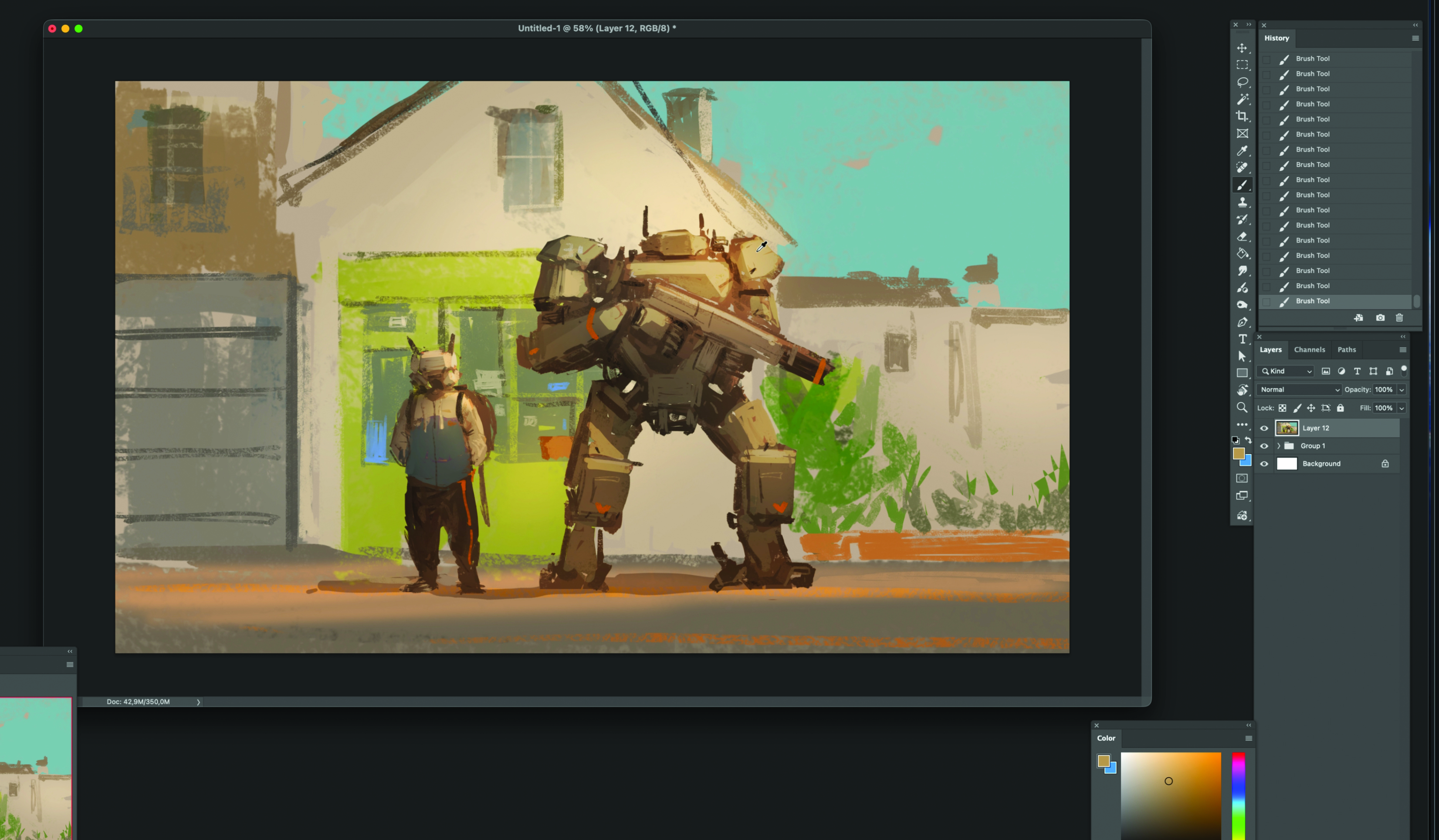 Part of the process of creating concept art with a robot character