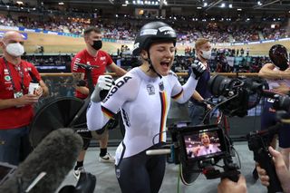 Germany's Lea Sophie Friedrich celebrates her victory after winning the Womens Keirin finals during the UCI Track Cycling World Championships at the Velodrome of SaintQuentinenYvelines southwest of Paris on October 16 2022 Photo by Thomas SAMSON AFP Photo by THOMAS SAMSONAFP via Getty Images