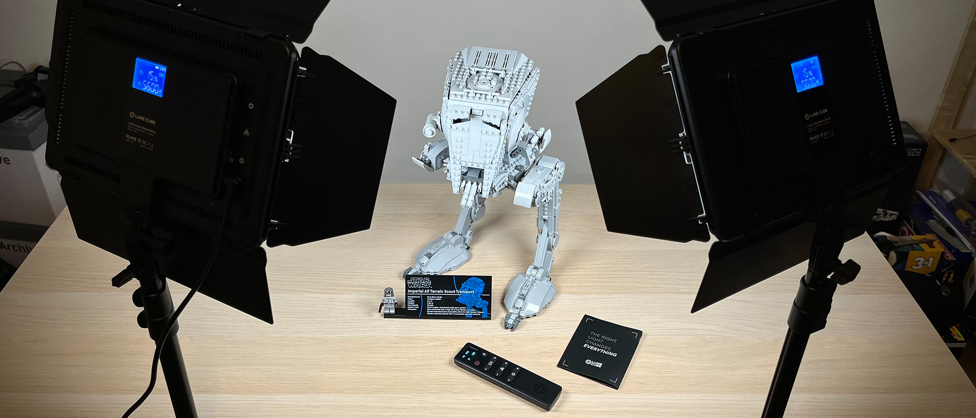 Lume Cube Studio Panel Lighting Kit either side of Lego kit