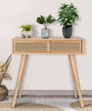 Wooden console table with potted plants on top