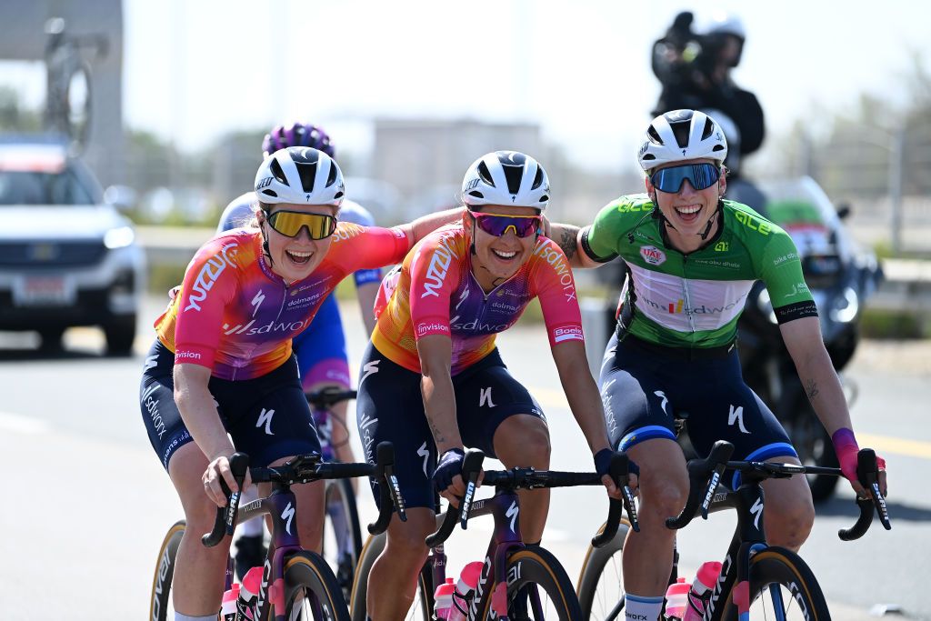 ABU DHABI UNITED ARAB EMIRATES FEBRUARY 12 LR Lonneke Uneken of The Netherlands Barbara Guarischi of Italy and Lorena Wiebes of The Netherlands and Team SD Worx Green Points Jersey compete during the 1st UAE Tour Women 2023 Stage 4 a 119km stage from Fatima Bint Mubarak Ladies Sports Academy to Abu Dhabi Breakwater UAETourWomen UCIWWT on February 12 2023 in Abu Dhabi United Arab Emirates Photo by Tim de WaeleGetty Images