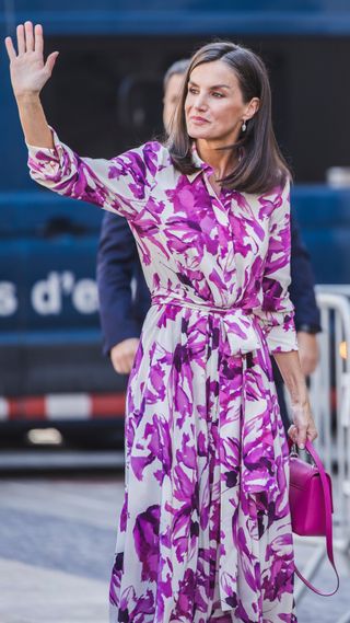 Queen Letizia of Spain waves as she attends the annual meeting of Directors of the Cervantes Institute