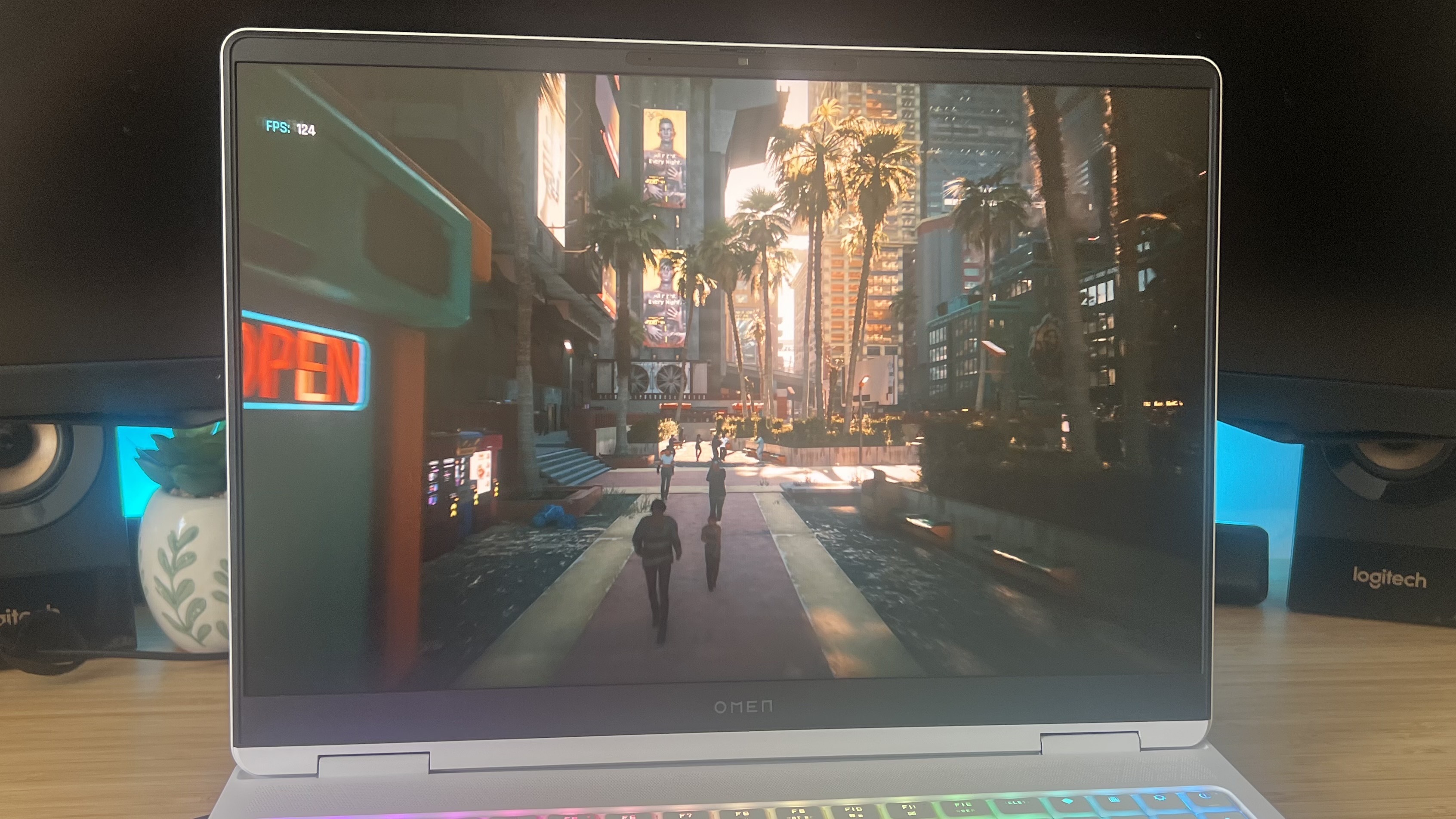 HP Omen Max 16 gaming laptop running Cyberpunk 2077 benchmark