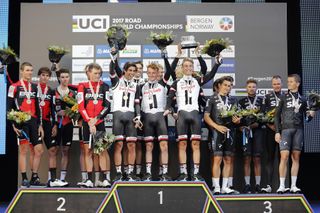 The final podium of the men's team time trial at the Bergen World Championships