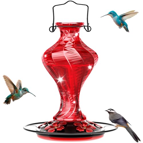 Glass Hummingbird Feeder for Outdoors Hanging, Bird Nectar Feeder With Perch &amp;amp; 5 Flower Feeding Ports, 20 Oz Leak Proof for Outside Garden Decor Backyard, Gifts for Women Mom, Red