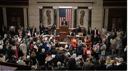 Democrats stage a sit-in on the House floor until they are granted a vote on a gun control bill.