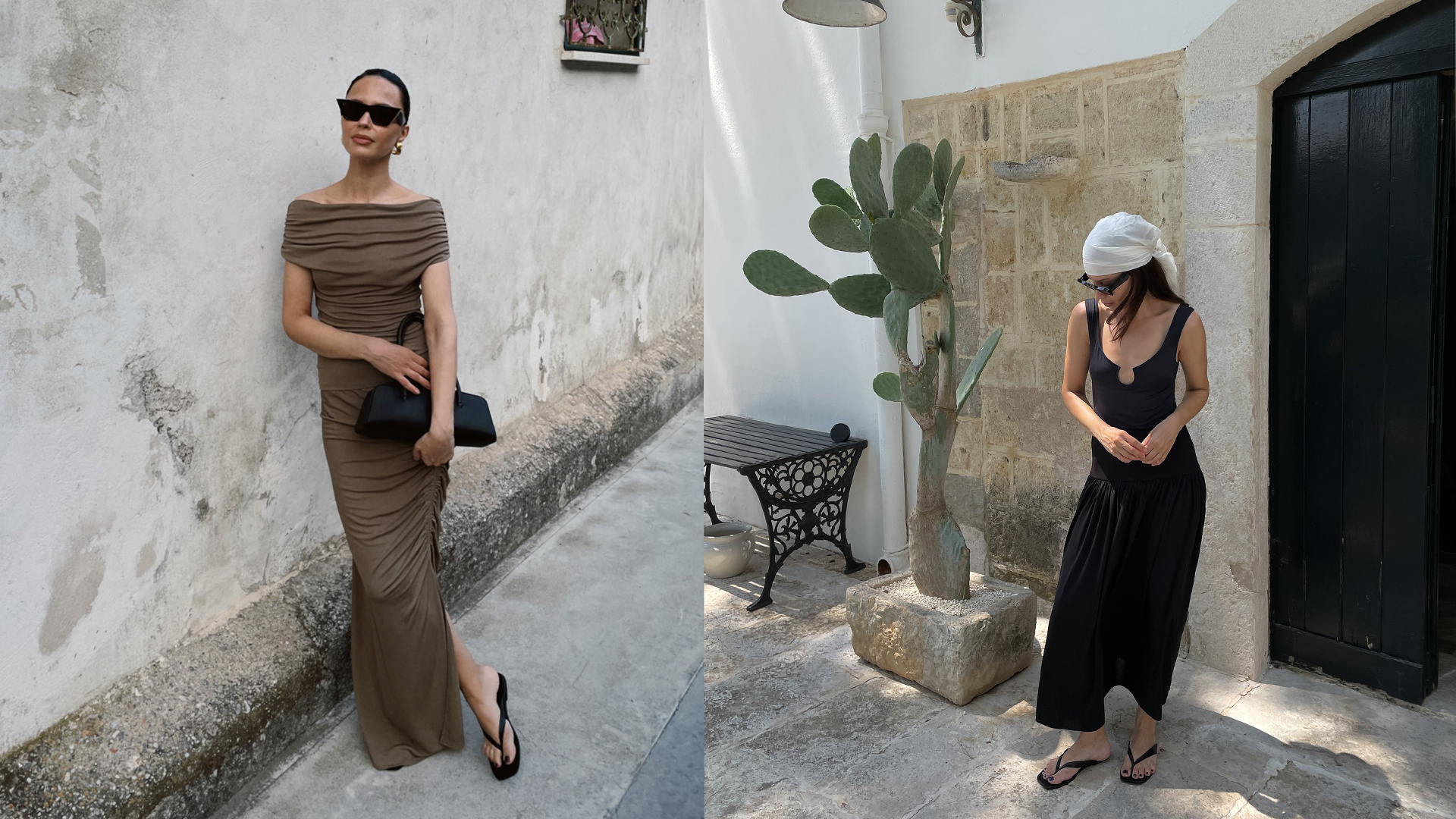 two pictures of johanna wear she wears brown off shoulder dress and black thong sandals and in the other one she wears a black dress, white scarf, and black thong sandal