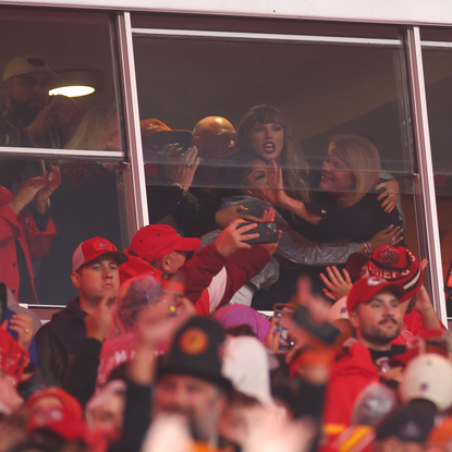 Taylor Swift celebrates after Kansas City Chiefs game winning touchdown during overtime against the Tampa Bay Buccaneers at GEHA Field at Arrowhead Stadium on November 4, 2024 in Kansas City, Missouri