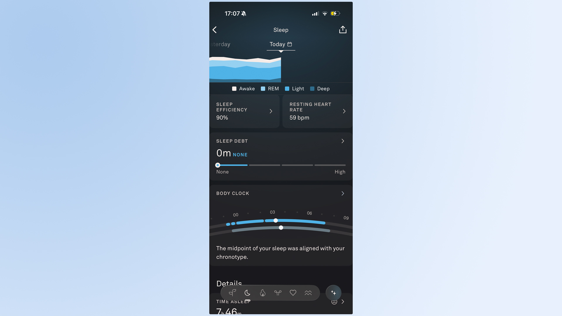 A screenshot of the Oura app showing sleep debt and body clock