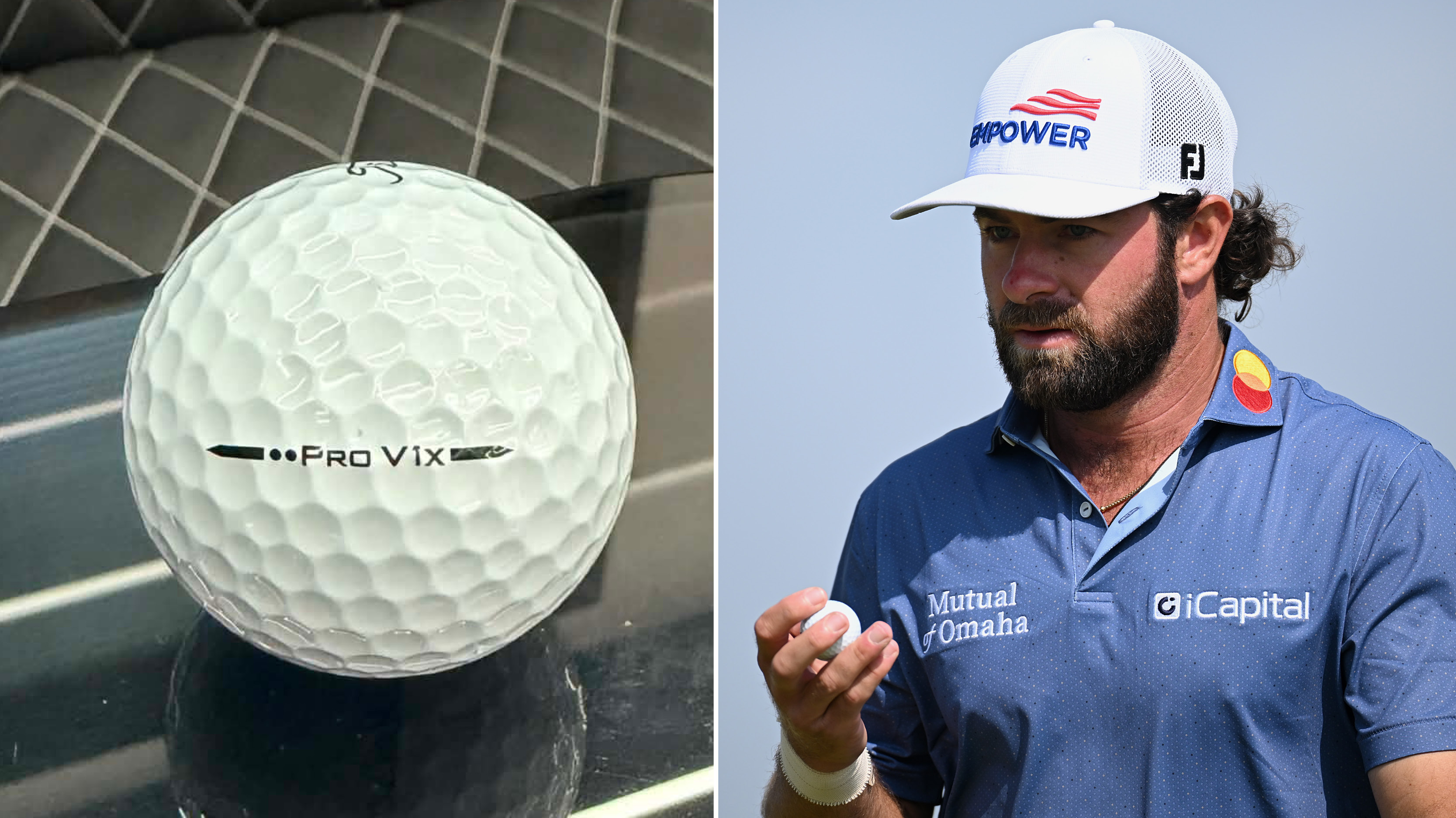 A close-up of the Titleist Pro V1x Double Dot and Cameron Young looking at his golf ball