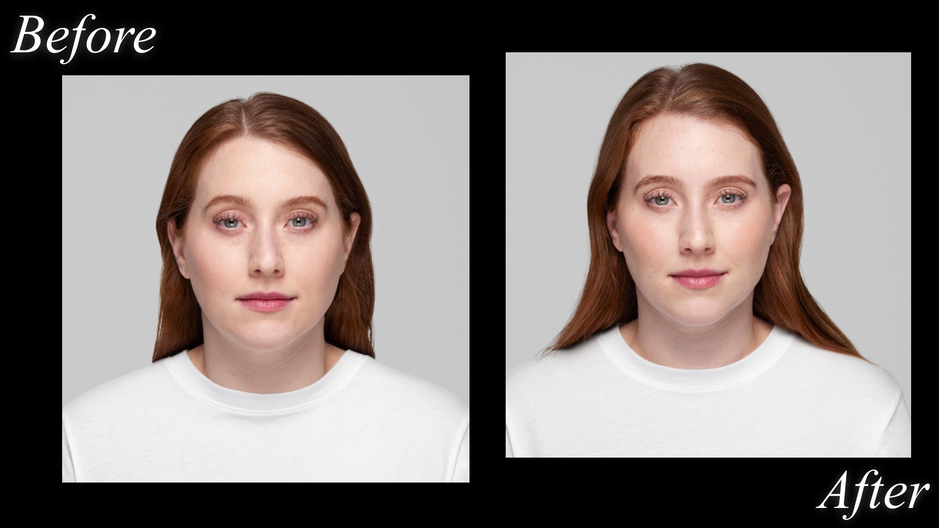 a woman in a split image before and after collage wearing a white t-shirt