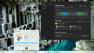 Windows 11 desktop showing a widget for controlling music and the settings of an app for widgets.