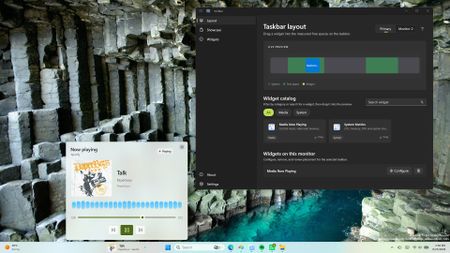 Windows 11 desktop showing a widget for controlling music and the settings of an app for widgets.