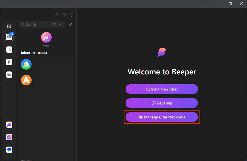 Click the Manage Chat Networks button in the Beeper app