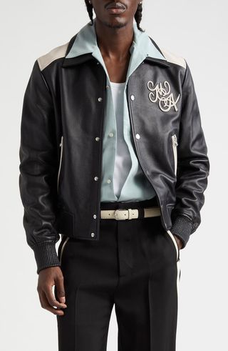 Logo Patch Colorblock Leather Bomber Jacket