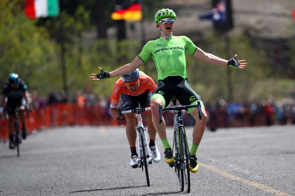Tom Skujins (Cannondale) celebrates ahead of Adam de Vos (Rally Cycling)