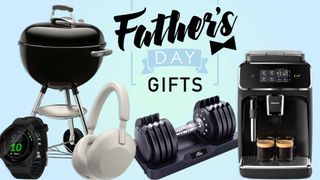 Father's Day gift ideas 2022 including Weber grill, Garmin running watch, Sony headphones, Flybird dumbbell and Philips coffee maker