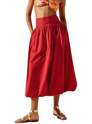 Womens Y2k Bubble Skirt High Elastic Waist Ruffle Flared Midi Skirts Pleated Balloon Long Skirts (red Pocket, M)