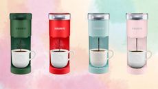 The Keurig K-Mini Coffee Maker sale items in moss green red mint and pink on a watercolor rainbow background. Each one has as steaming cup of coffee on the tray and black coffee being dispensed
