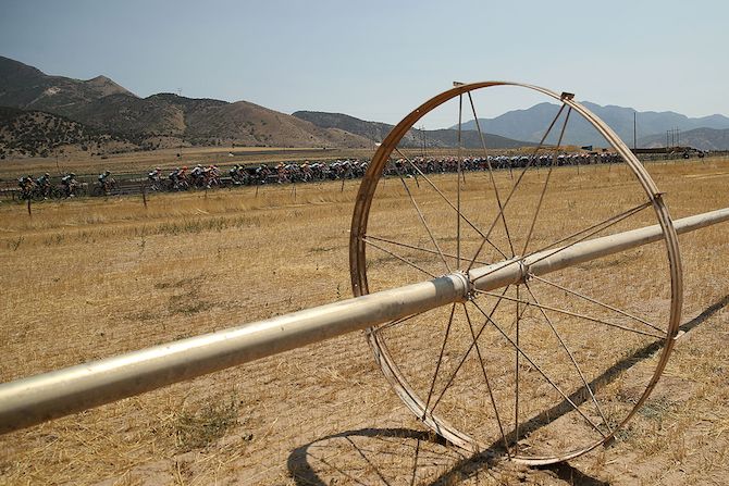 The peloton enjoys the scenery on stage 2 of the 2018 Tour of Utah in the country outside Payson City