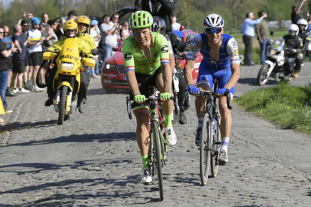 Sebastian Langeveld leading Greg Van Avermaet and Zdenek Stybar at Paris-Roubaix