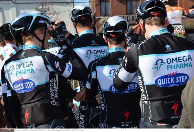 Omega Pharma-QuickStep riders head to the sign-on stage for Le Samyn