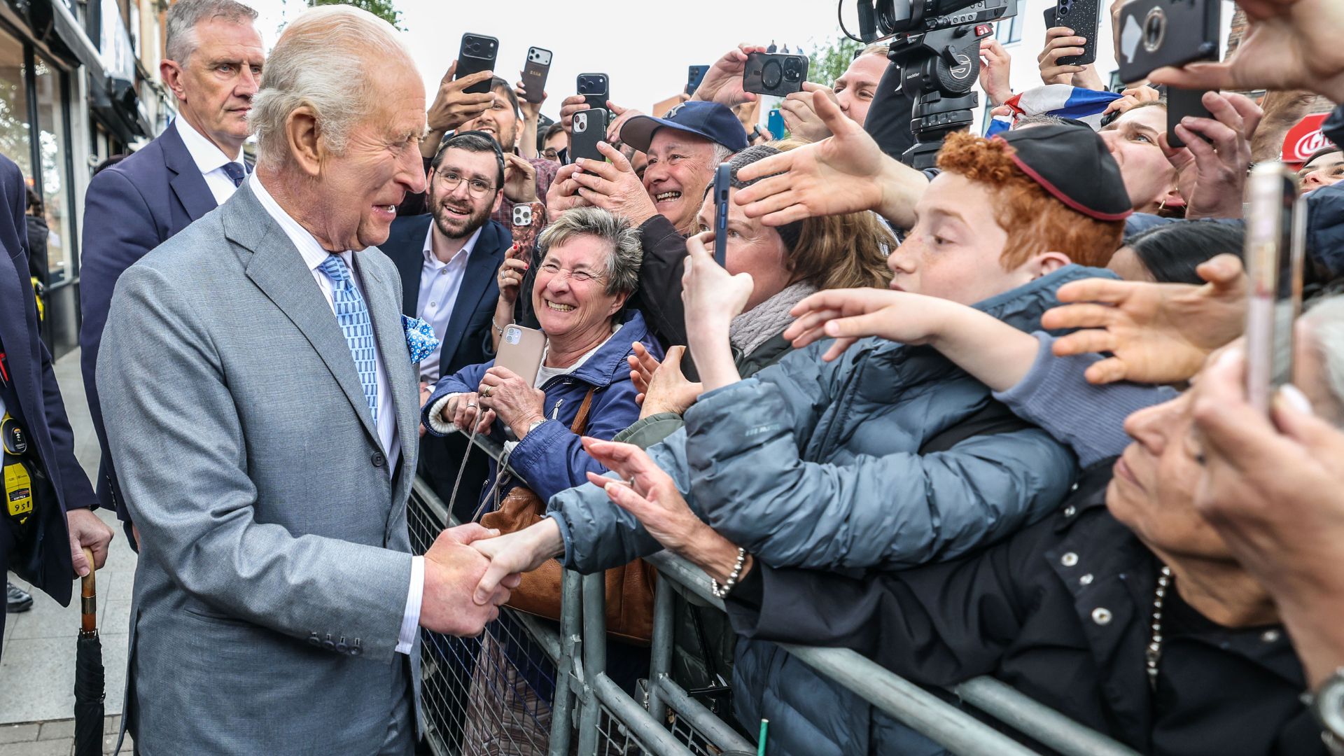 King Charles greets local residents in Golders Green, following a visit to Jewish Care, a health and social care charity, on May 14, 2026